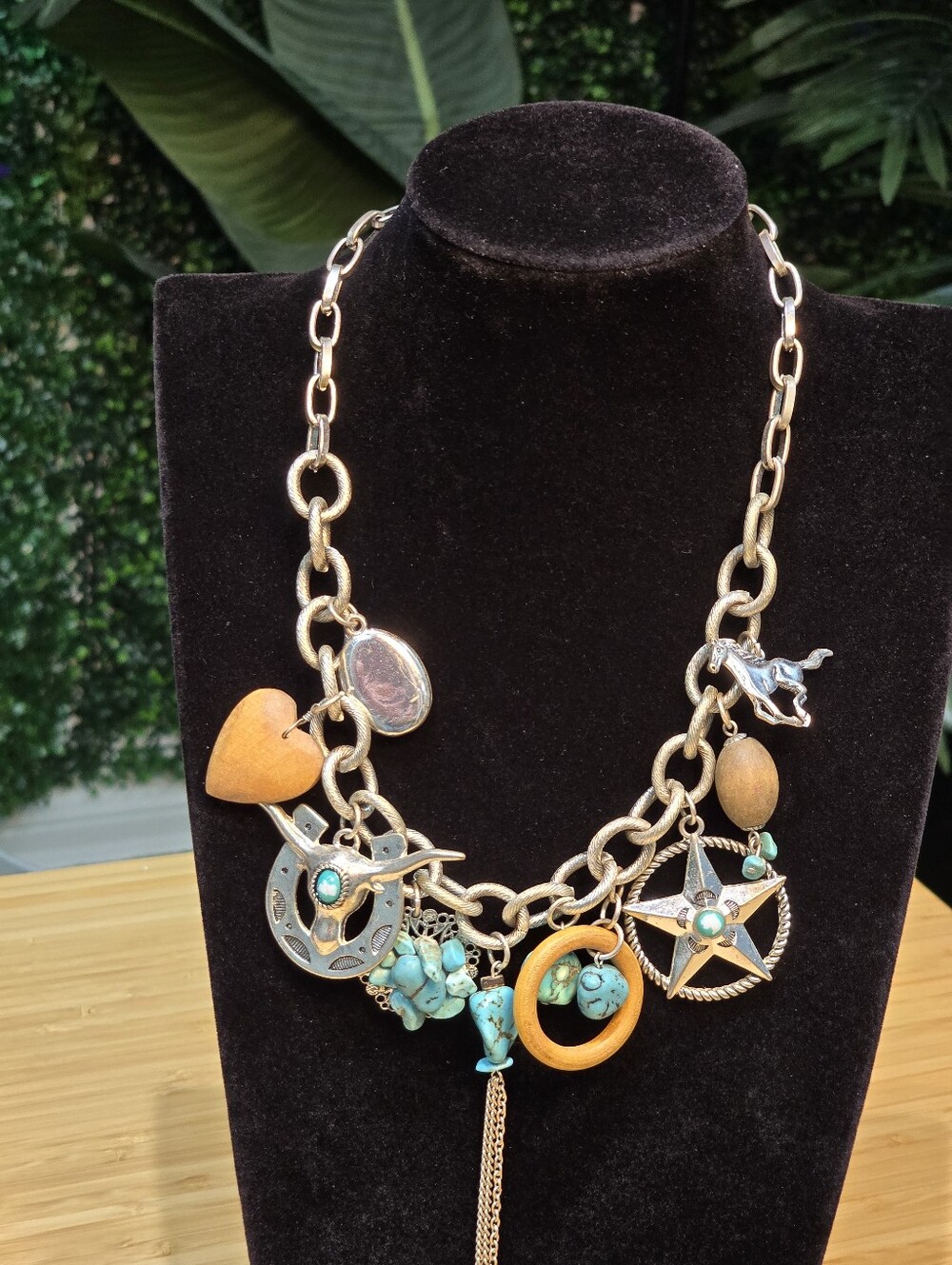 Boho Turquoise Charm Statement Necklace - Gold Tone - Picture 6 of 7